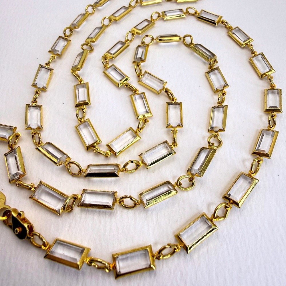 Austrian Crystal Bezel Necklace Emerald Cut Station Long Chain Gold Tone